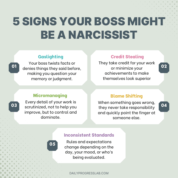 Infographic showing five signs of a narcissistic boss: gaslighting that makes you question reality, credit-stealing, micromanaging, blame-shifting, and inconsistent standards that create a stressful work environment