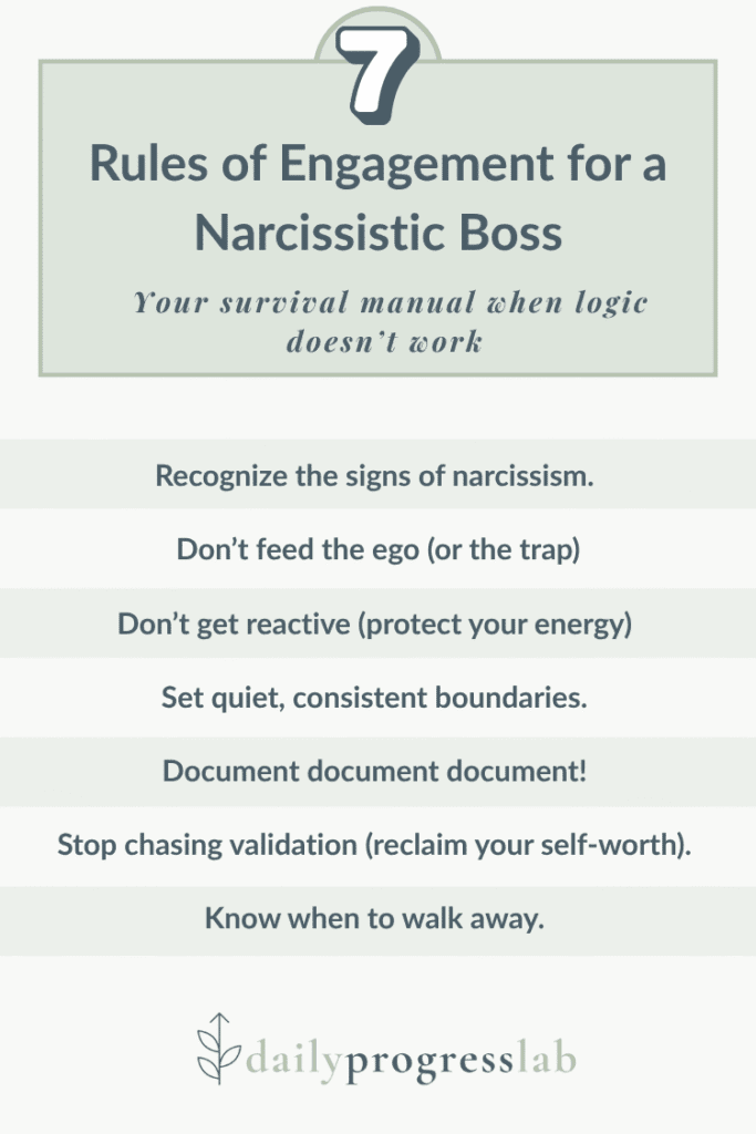 “Infographic summarizing 9 rules of engagement for dealing with a narcissistic boss, including boundaries, documentation, and emotional control.”