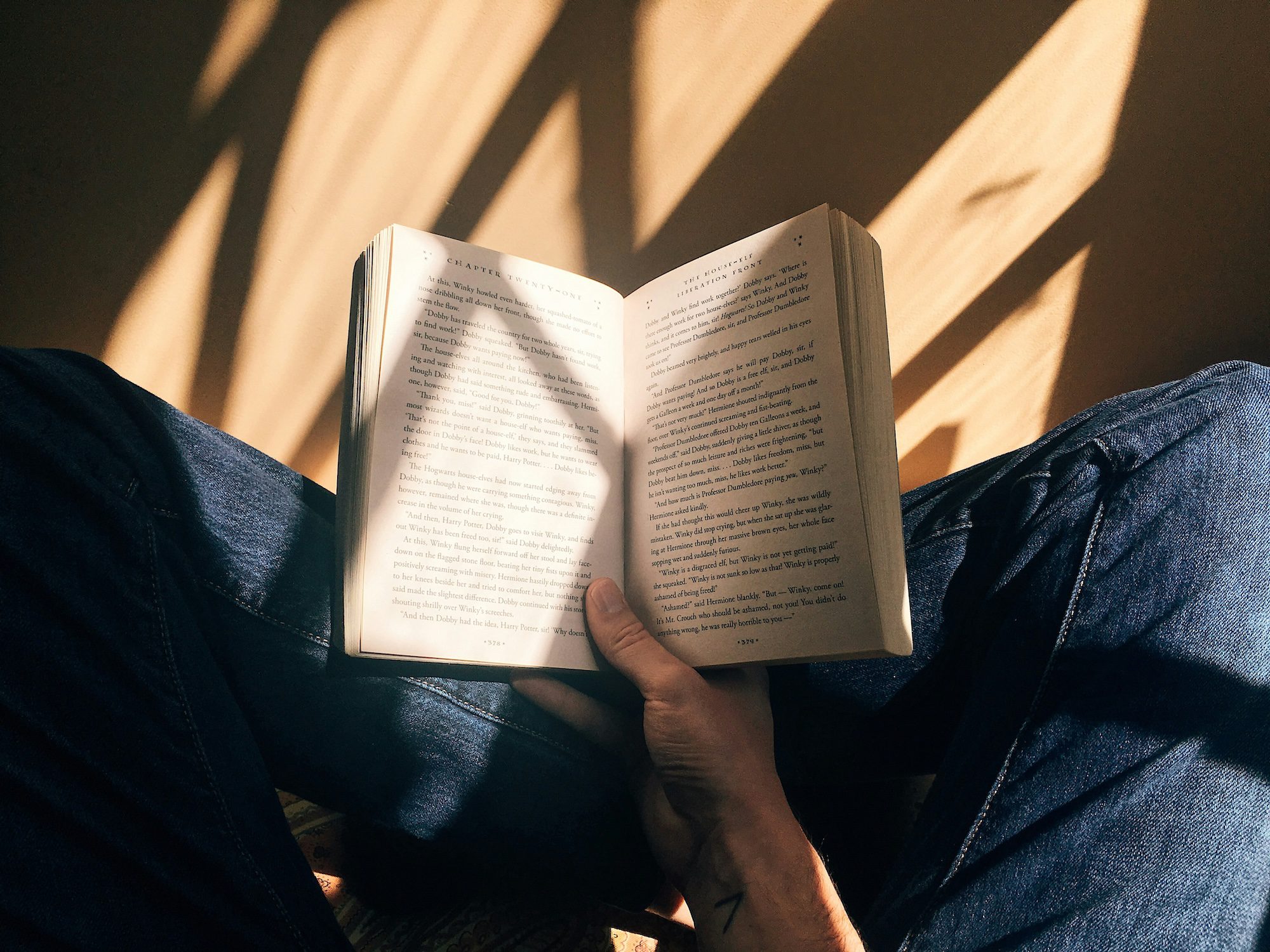 “Person sitting with legs crossed, reading an open book in warm sunlight.”
